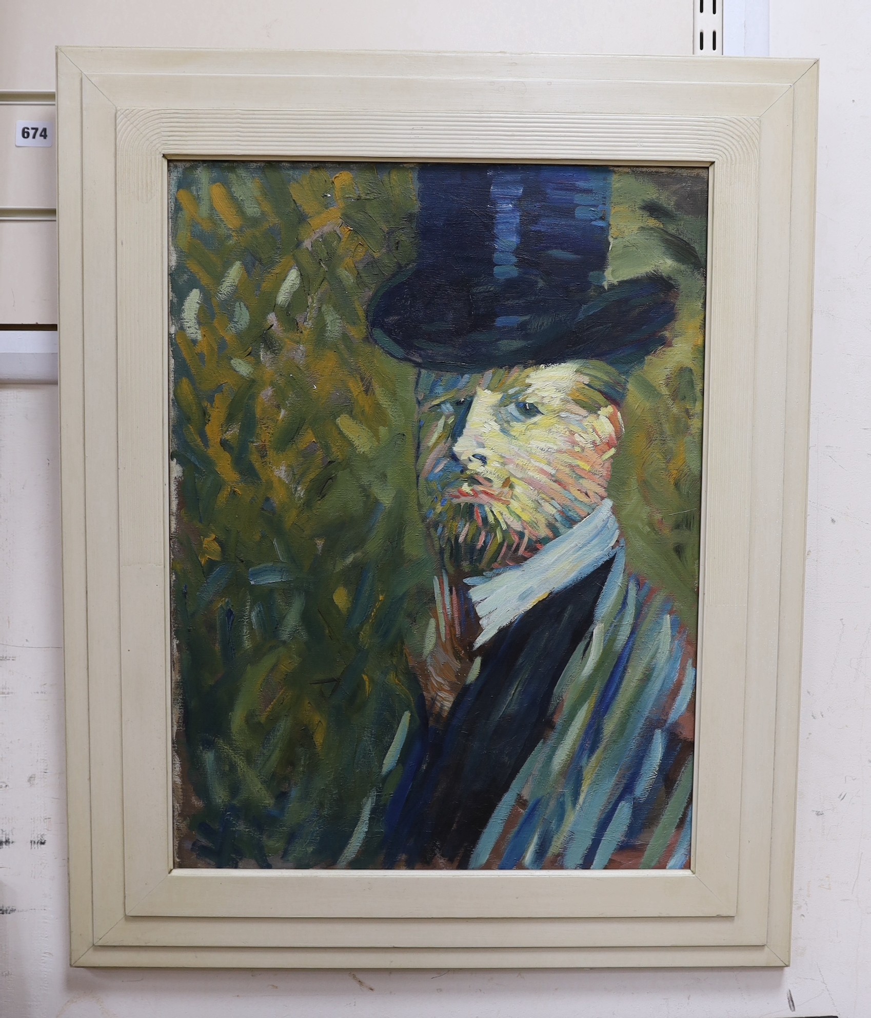 French School, oil on canvas, Portrait of a gentleman wearing a top hat, 60 x 44cm